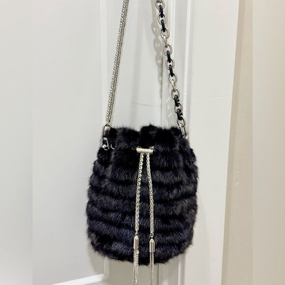 Black Multi Use Handmade Genuine Mink Fur & Drawstring Bucket Bag with 3 Straps - Picture 6 of 16
